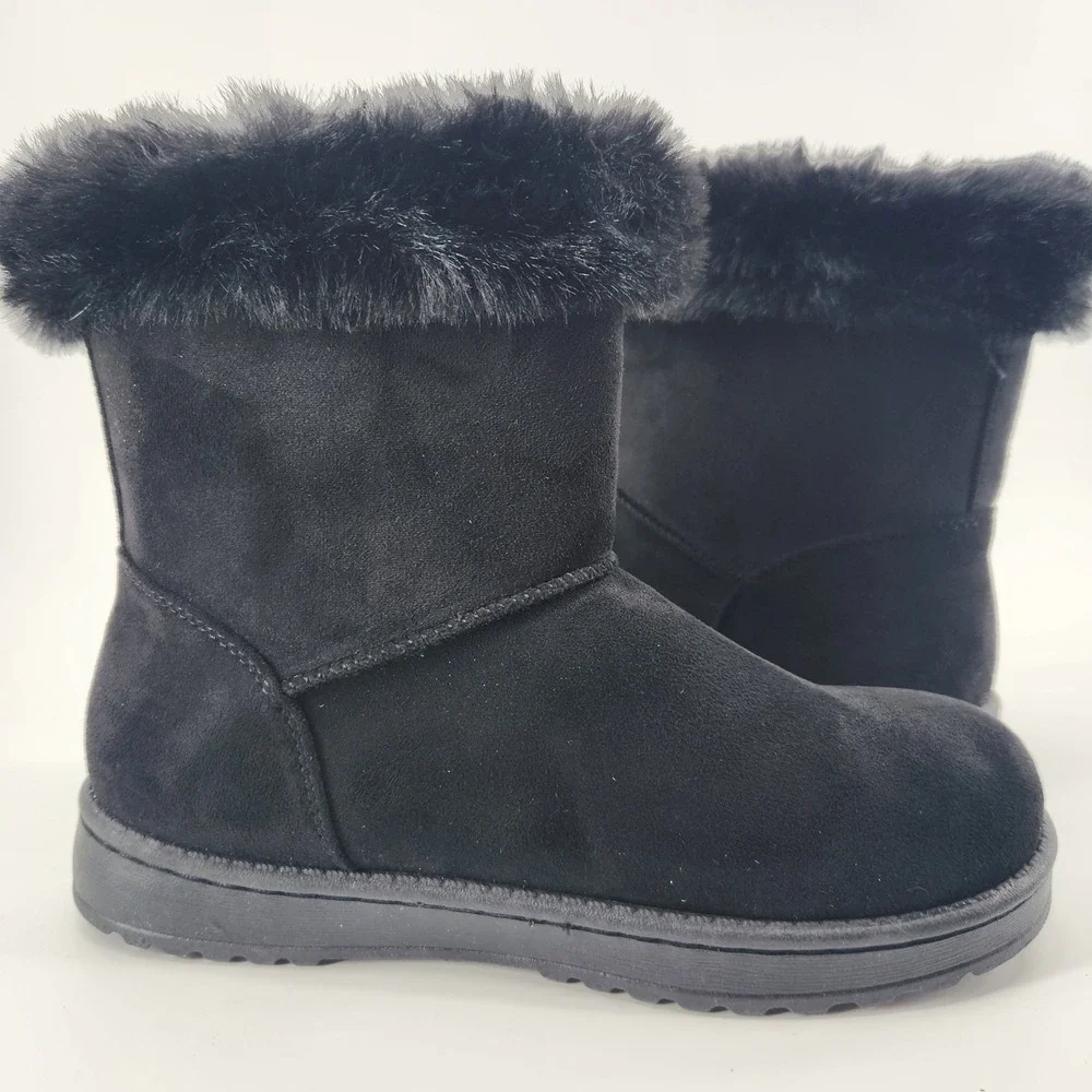 Paulina Womens Black Faux Suede Fur Trim Winter‎ Boots Mid Calf Slip On